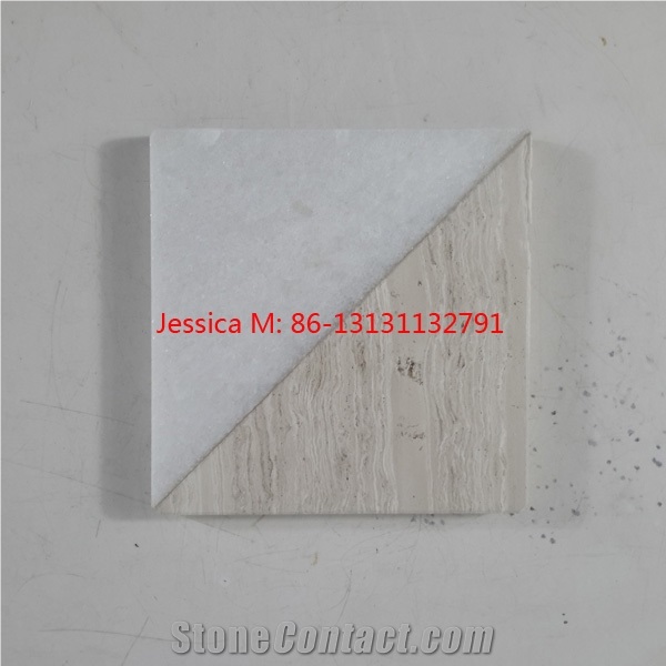 White Marble and Light Wood Color Marble Coaster Set Of 4