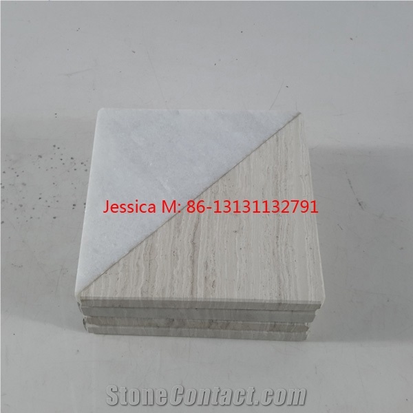 White Marble and Light Wood Color Marble Coaster Set Of 4