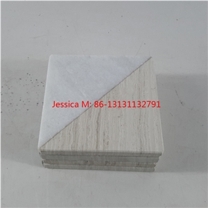 White Marble and Light Wood Color Marble Coaster Set Of 4