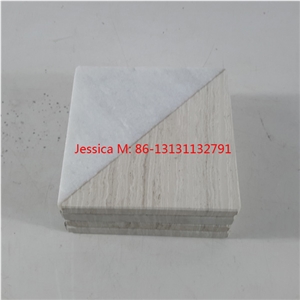 White Marble and Light Wood Color Marble Coaster Set Of 4