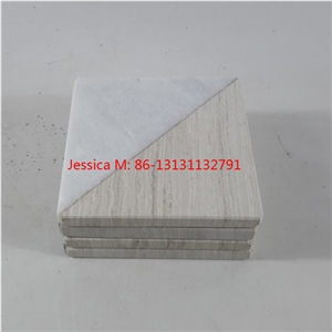 White Marble and Light Wood Color Marble Coaster Set Of 4