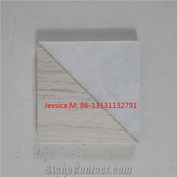 White Marble and Light Wood Color Marble Coaster Set Of 4