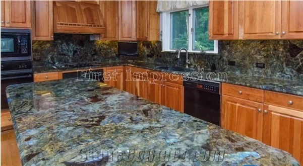 Luxury Labradorite Volga Blue Granite Countertops/Ukraine Blue Granite Kitchen Worktops/Kitchen Bar Tops/Kitchen Desk Tops/Custom Countertops/Kitchen Top/Bench Tops/High Quality & Best Price Tops