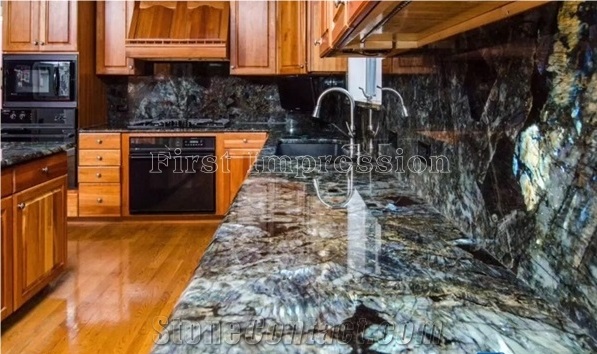 Luxury Labradorite Volga Blue Granite Countertops/Ukraine Blue Granite Kitchen Worktops/Kitchen Bar Tops/Kitchen Desk Tops/Custom Countertops/Kitchen Top/Bench Tops/High Quality & Best Price Tops