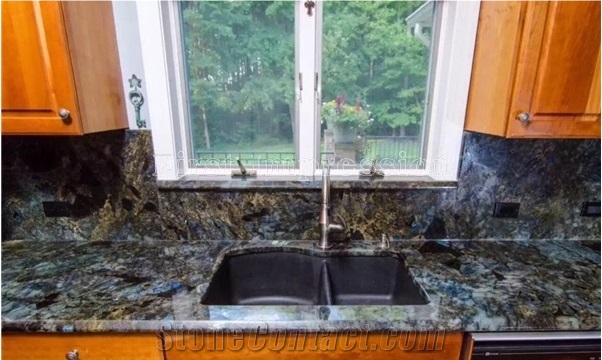 Luxury Labradorite Volga Blue Granite Countertops/Ukraine Blue Granite Kitchen Worktops/Kitchen Bar Tops/Kitchen Desk Tops/Custom Countertops/Kitchen Top/Bench Tops/High Quality & Best Price Tops