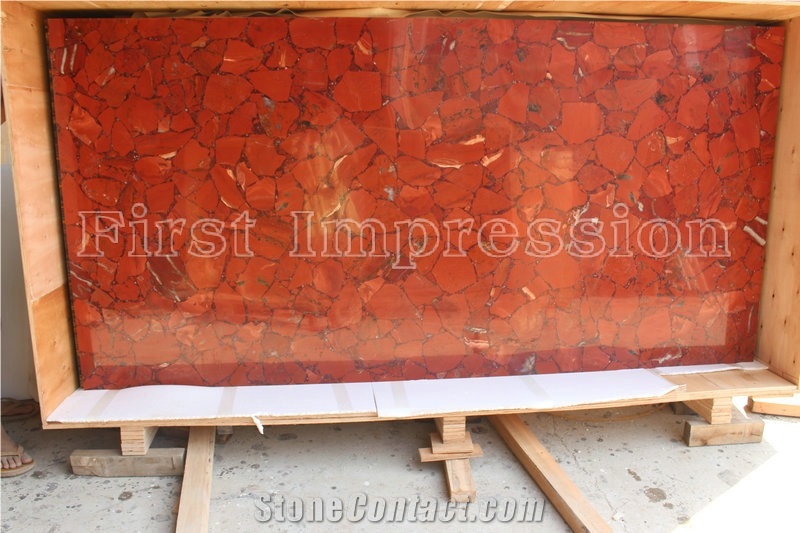 Red Gemstone Slab & Tiles / Red Semiprecious Stone Panel/Red Gemstone Wall Tiles 