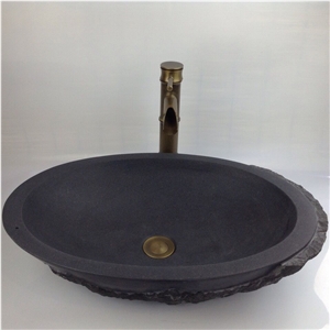 Mongolia Black Basalt Stone from China Handed Rough Honed Matt Bathroom Sinks Wash Bowls Oval Basins Sinks