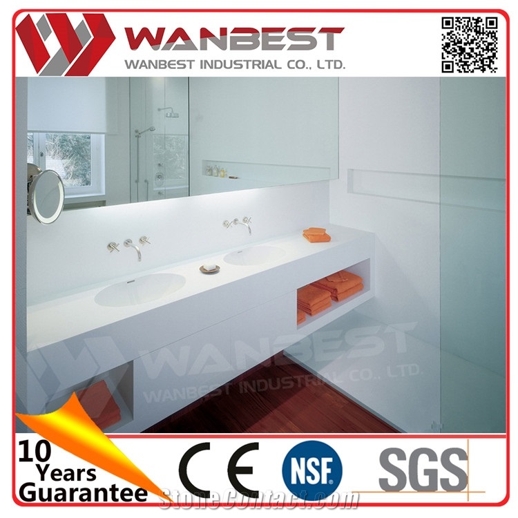 Hotel/Home Used White Double Vanity Bathroom Sinks Solid Surface Washing Counter Sinks