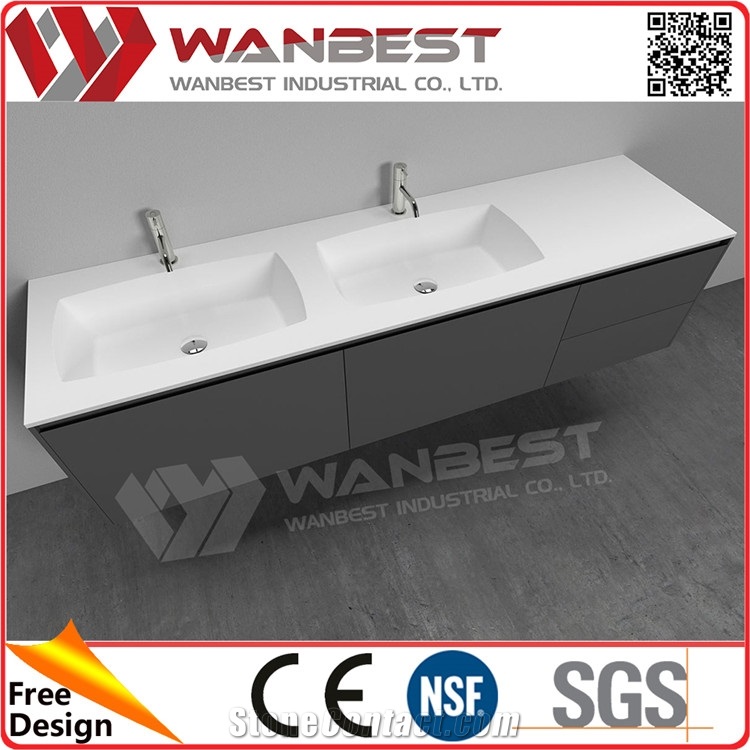 Luxury White Acrylic Solid Surface Bathroom Double Sinks with Cabinets