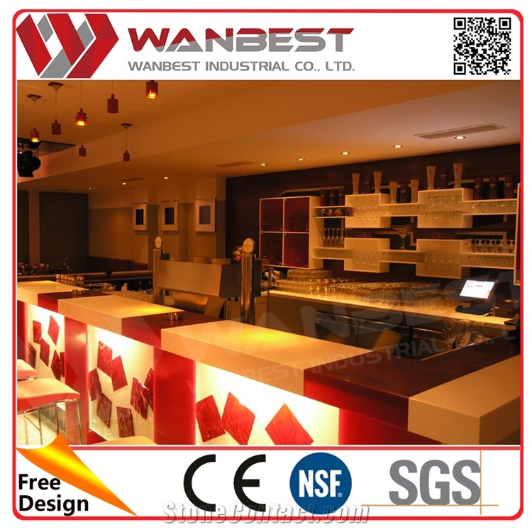Luxury Wine Bar Counter Top with Cabinet Fire-Proof Solid Surface Bar Countertop with Led Lighting