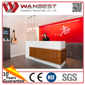 Small High Gloss White Solid Surface Front Reception Desk with Cabinet