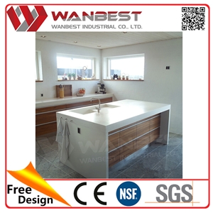 White Island Kitchen Counter with Solid Surface Kitchen Cabinet and Wash Sink