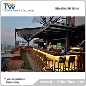 Acrylic Solid Surface New Design Led Bar Counter for Sale, Topone Factory Supply Artificial Marble Stone Led Bar Counter with Artificial Marble Stone Table Tops Design, Manmade Stone Bar Furnitures