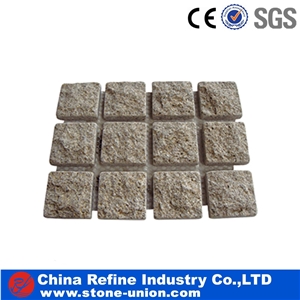 Beige Granite Mesh Cobble Stone, G682 Cube Stone Pavers on Mesh, Beige Granite Walkway Pavers