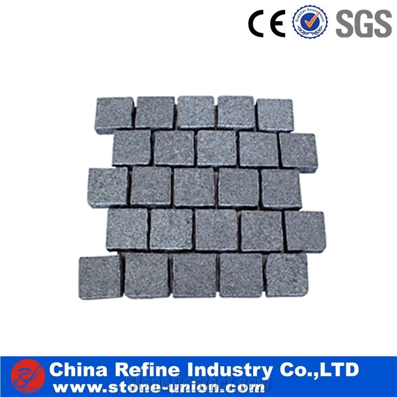 Black Granite Mesh Cobble Stone, G654 Cube Stone Pavers on Mesh, Black Granite Walkway Pavers
