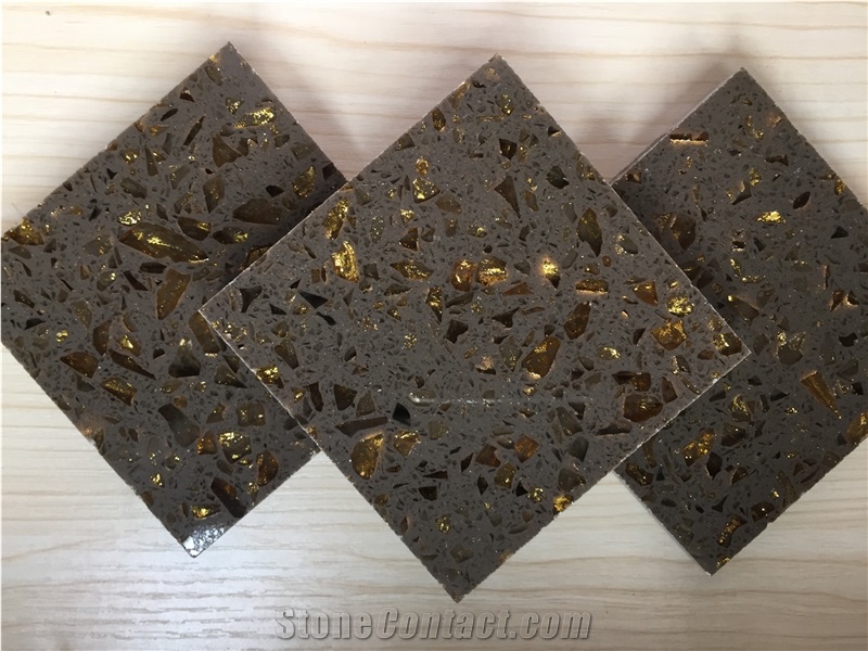 Golden Series Coffee Brown Artificial Quartz Stone Polished Surface for Countertop Vanity Top and Bench Top Resistant to Heat/Stain/Scratch with Bevel Edges and Customized Edges Available