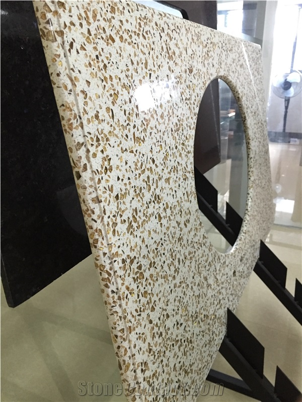 Golden Series Quartz Stone Polished Surfaces Slabs with Bevel Edges and Customized Edges Available for 2cm Thick