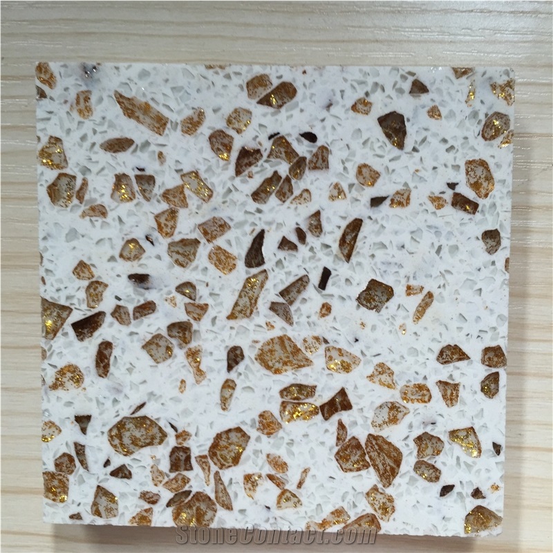 Golden Series Quartz Stone Polished Surfaces Slabs with Bevel Edges and Customized Edges Available for 2cm Thick
