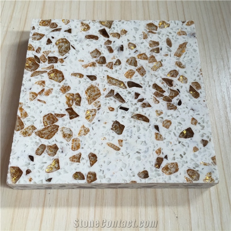 Golden Series Quartz Stone Polished Surfaces Slabs with Bevel Edges and Customized Edges Available for 2cm Thick