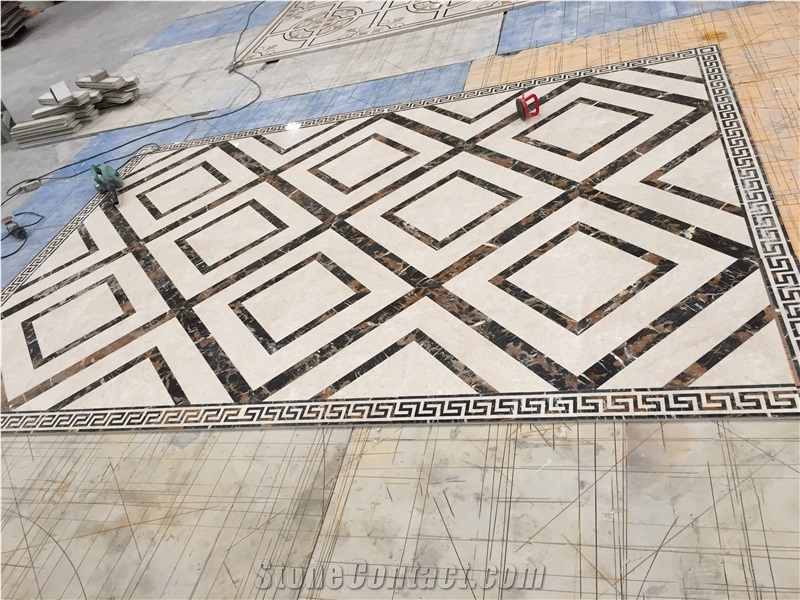 Square Marble Waterjet Medallion, Moon Cream Beige Marble Floor Medallions