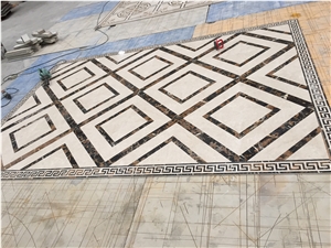Square Marble Waterjet Medallion, Moon Cream Beige Marble Floor Medallions
