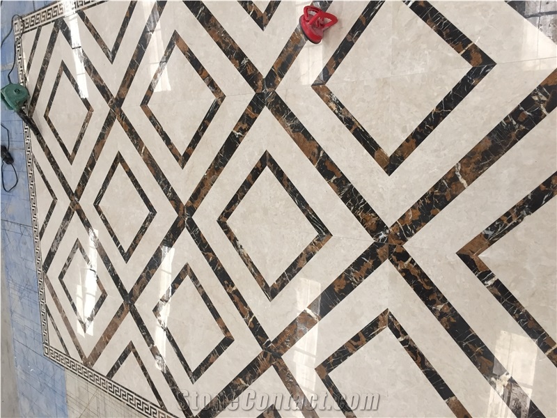 Square Marble Waterjet Medallion, Moon Cream Beige Marble Floor Medallions