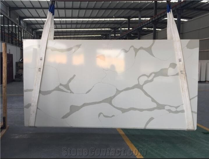 A Quality Calacatta White Marble Look Quartz Stone Solid Surfaces Polished Slabs & Tiles Engineered Stone Artificial Stone Slabs for Hotel Kitchen,Bathroom Walling Panel Customized Edges Terry Stone