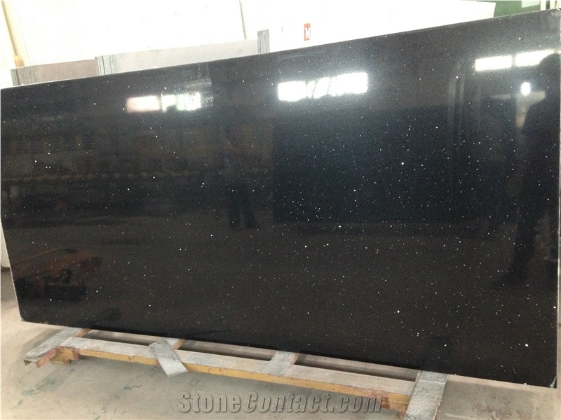 Black Crystal China Manmade Quartz Stone Slab & Tile, Glass Mirror Quartz Tile, High Quality Engineered Stone, Quartz Stone Slab for Prefabricated Worktops and Cut-To-Size Floor Tiles with Resistance