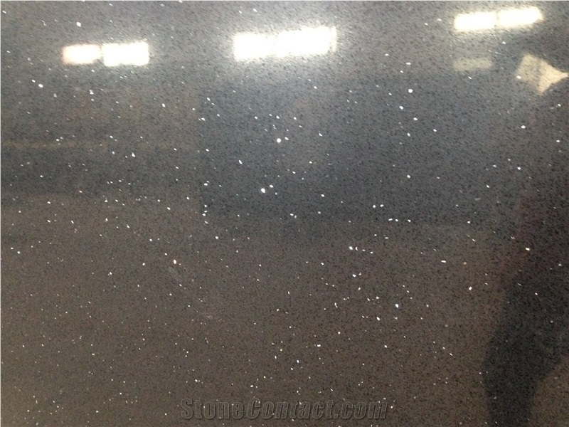 Black Crystal China Manmade Quartz Stone Slab & Tile, Glass Mirror Quartz Tile, High Quality Engineered Stone, Quartz Stone Slab for Prefabricated Worktops and Cut-To-Size Floor Tiles with Resistance