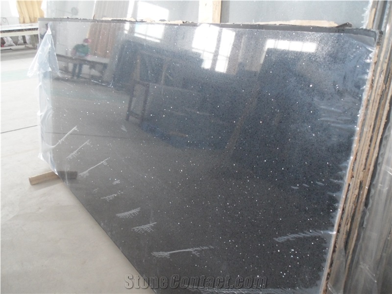 Black Quartz Stone Big Slab with Sparkle Star, Engineered Stone Slab,Artificial Stone,Solid Surface, Black Galaxy Quartz Tile, China Manmade Quartz Material