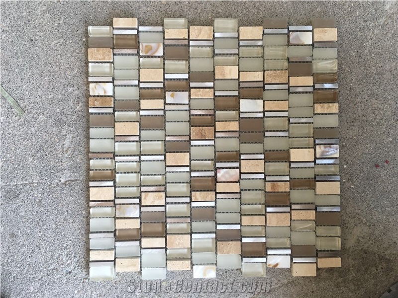 China Interior Decoration Mosaics Mixed Beige Trevertine / Shell / Aluminium / Glass Wall and Floor Tiles Crystal Glass Mosaic