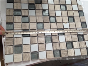 China Wooden White Marble Mixed With Glass, Linear Strips Mosaic Tile, Glass Stone Mosaic For Flooring & Wall
