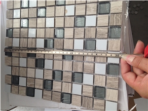 China Wooden White Marble Mixed With Glass, Linear Strips Mosaic Tile, Glass Stone Mosaic For Flooring & Wall