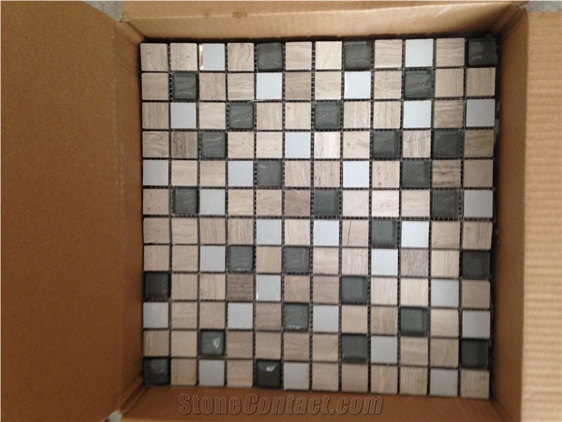 China Wooden White Marble Mixed With Glass, Linear Strips Mosaic Tile, Glass Stone Mosaic For Flooring & Wall