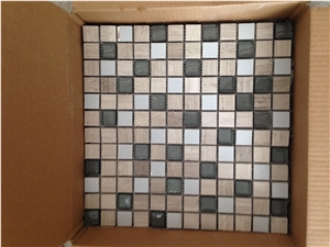 China Wooden White Marble Mixed With Glass, Linear Strips Mosaic Tile, Glass Stone Mosaic For Flooring & Wall