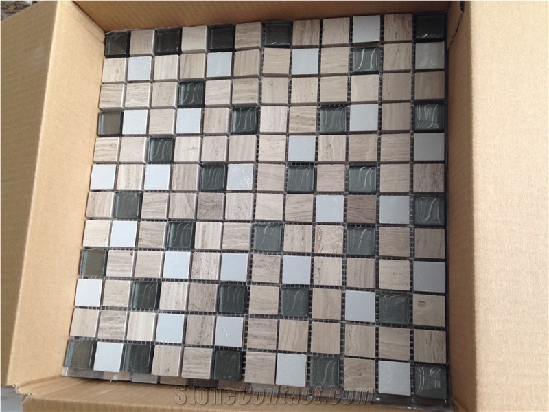 China Wooden White Marble Mixed With Glass, Linear Strips Mosaic Tile, Glass Stone Mosaic For Flooring & Wall