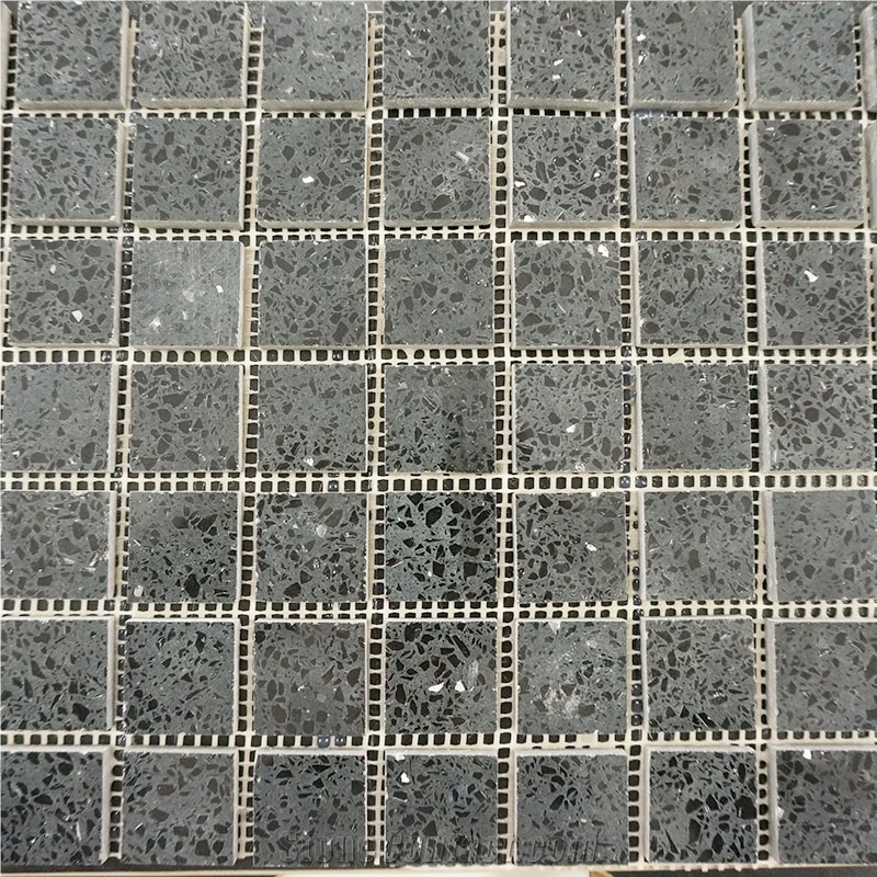 Crystal Black Quartz Mosaic Stone, Crystal White Quartz Mosaic Tile, Quartz Mosaci for Wall & Floor, China Mosaic Factory, Manmade Stone Mosaic Tile