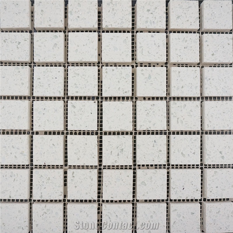 Crystal Black Quartz Mosaic Stone, Crystal White Quartz Mosaic Tile, Quartz Mosaci for Wall & Floor, China Mosaic Factory, Manmade Stone Mosaic Tile