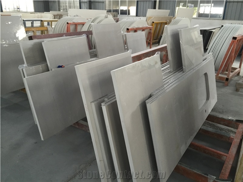 Light Grey Quartz Countertop, Quartz Stone Vanity Top, for Bathroom, China Artificial Quartz Stone
