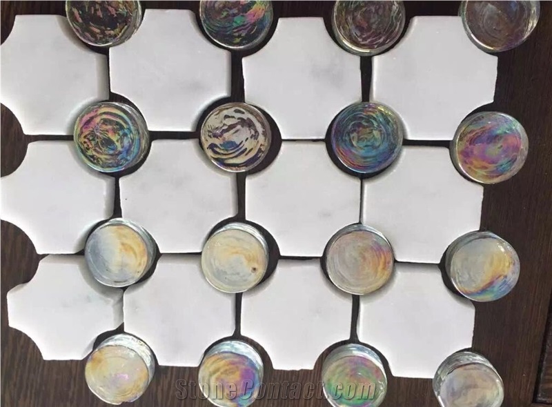 Polished China Natural Crystal White Marble Stone with Round Glass Mosaics Popular in Western Countries for Bathroom Walling