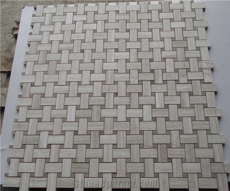 White Stone Building Material Mosaic Flooring Tile, Timber White Marble Basketweave Mosaic