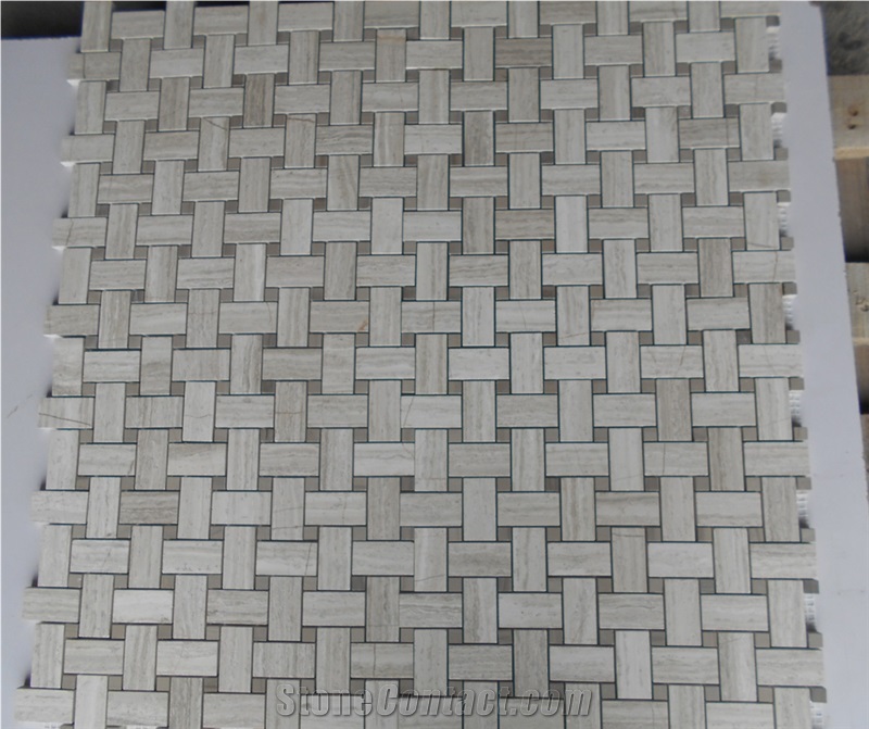 White Stone Building Material Mosaic Flooring Tile, Timber White Marble Basketweave Mosaic