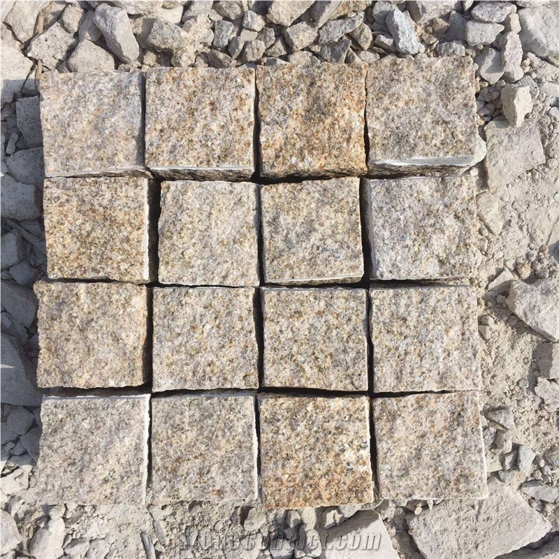 North G682 Yellow Golden Sesame Granite G350 All Sides Split Cube Cobble Stones for Drivieway Paving Cheap Prices