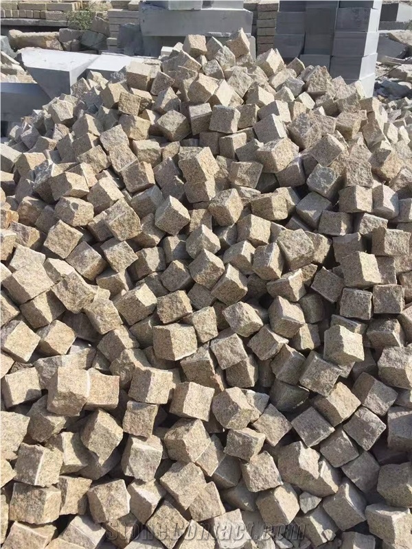 North G682 Yellow Golden Sesame Granite G350 All Sides Split Cube Cobble Stones for Drivieway Paving Cheap Prices