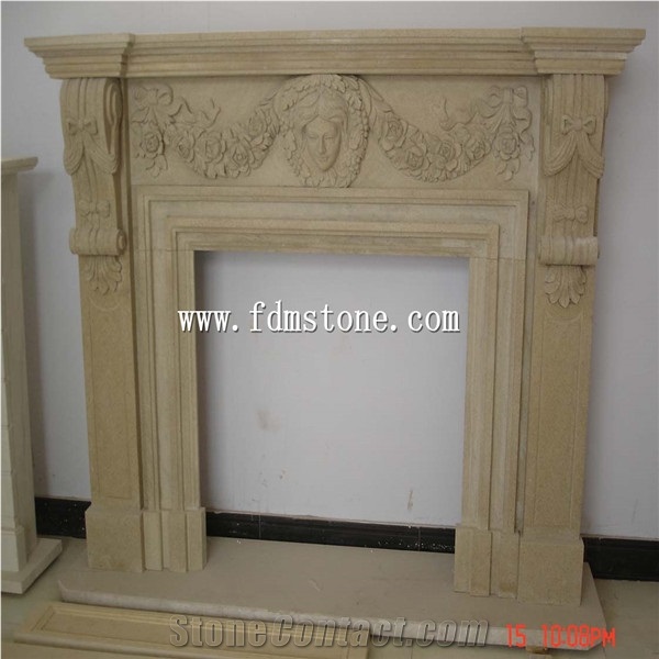 European Style Beige Yellow Limestone Honed Stone Carved Fireplaces Surround Design, Ireland Fireplace Accessories, Indoor Wall Mounted Fireplaces Mantels