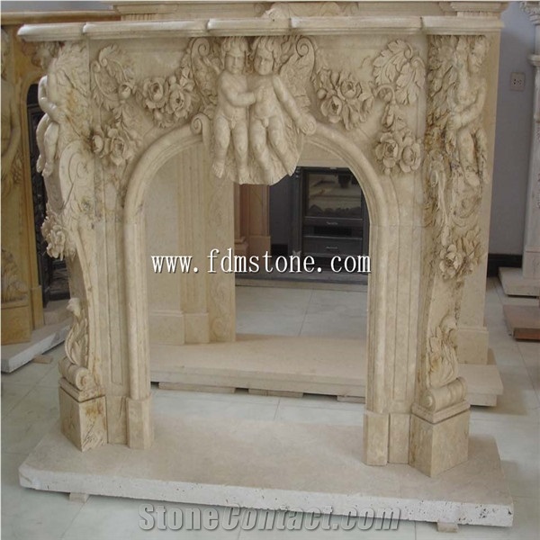 European Style Cream Marble Stone Carved Fireplaces Surround Design, Ireland Fireplace Accessories,Indoor Wall Mounted Fireplaces Mantels
