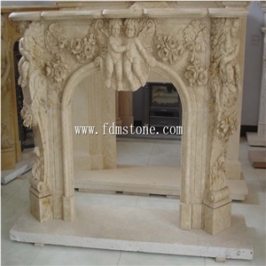 European Style Cream Marble Stone Carved Fireplaces Surround Design, Ireland Fireplace Accessories,Indoor Wall Mounted Fireplaces Mantels