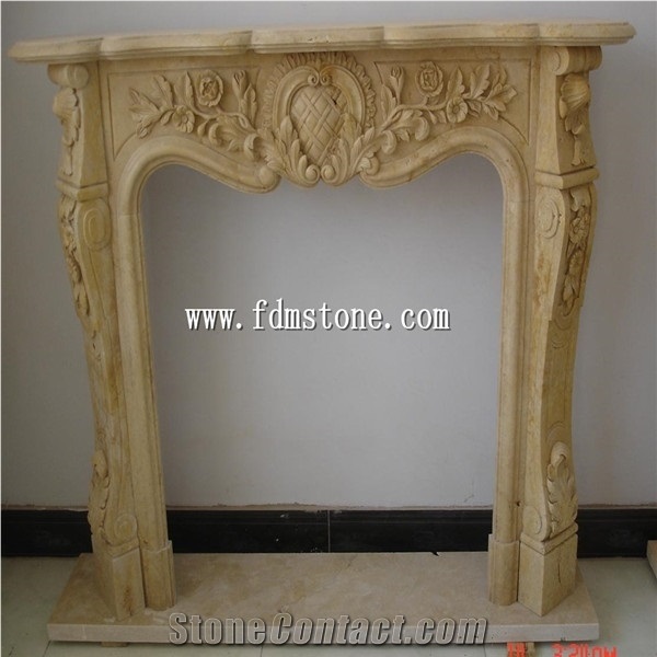 Indoor Used Yellow Marble Stone Column Fireplace / Fireplace Mantles