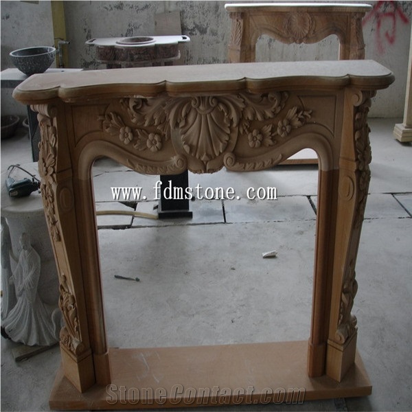 Indoor Used Yellow Sandstone Marble Stone Column Fireplace / Fireplace Mantles