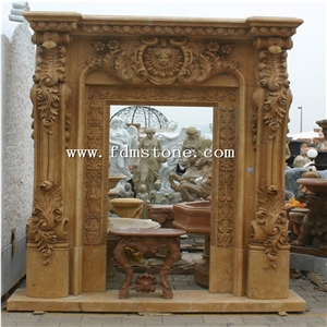 Indoor Used Yellow Sandstone Marble Stone Column Fireplace / Fireplace Mantles